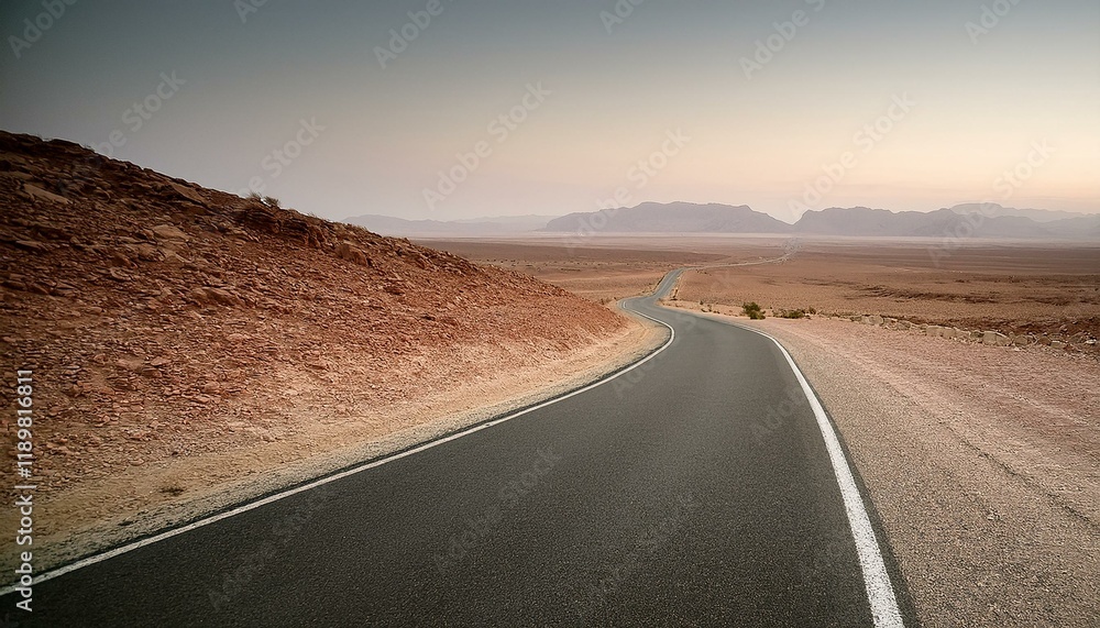 Fototapeta premium A lonely, empty asphalt road winding through a muted desert landscape under a blank sky.