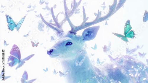 A graceful deer with large antlers, surrounded by small flying butterflies, vivid pastel green and purple tones photo