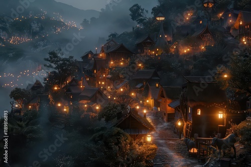 A serene village illuminated by warm lights in a misty landscape at dusk.