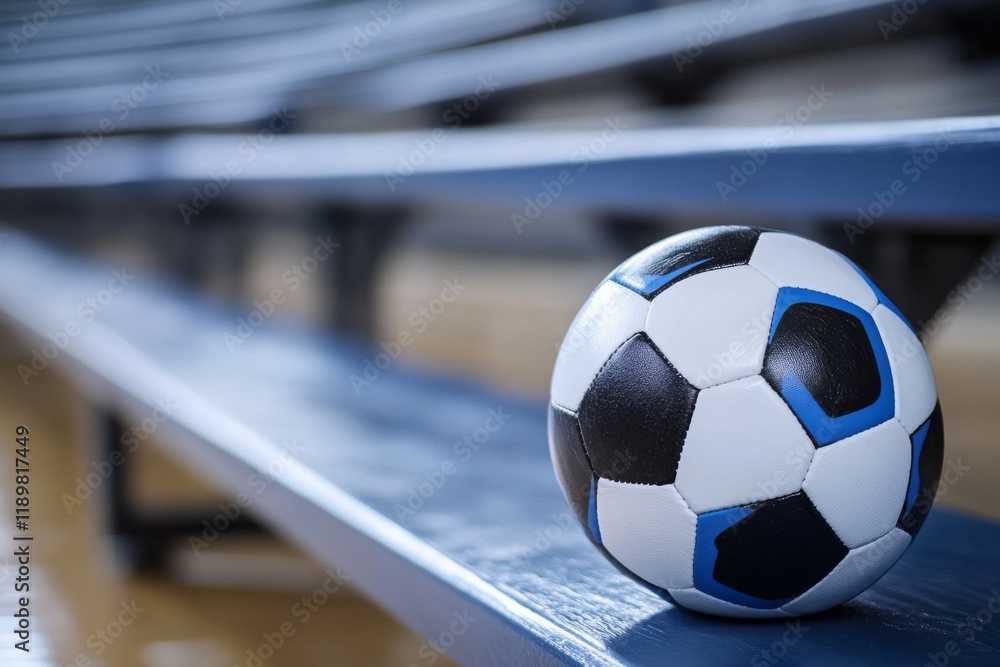 Fototapeta premium Soccer Ball Rests on Bleachers: A Game's Quiet Moment, Team Sport Equipment on Bench, Indoor Field Setting