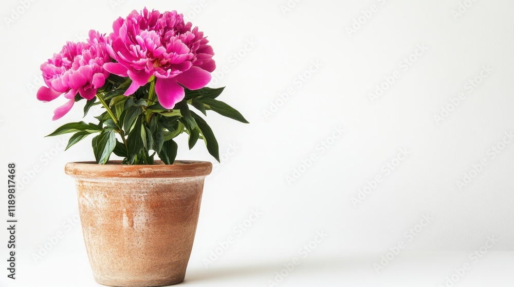 Fototapeta premium A single pink peony plant in a ceramic pot, showcased against a clean white background.