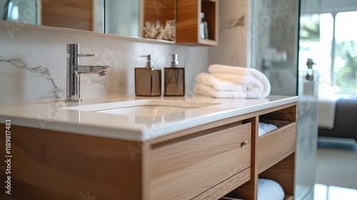 A stylish home bathroom interior featuring tiled walls, a sleek sink, a glass shower enclosure, and neatly organized accessories on a drawer. photo