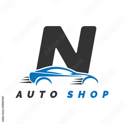 letter N logo auto mechanic with car style. Alphabet N automotive car design icon