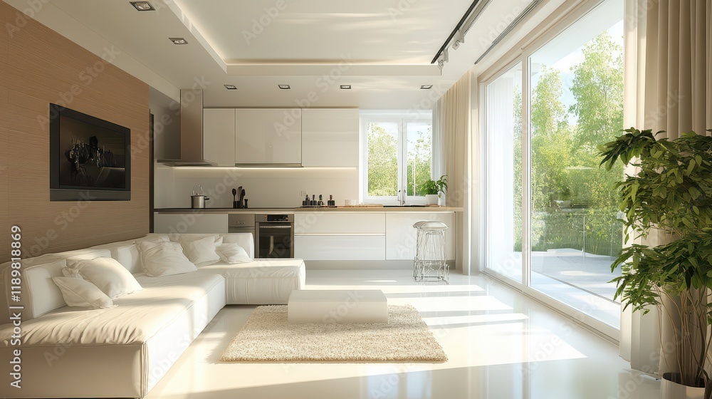 Fototapeta premium A stylish home studio featuring distinct relaxing and cooking zones, complemented by a panoramic window that floods the space with natural light.