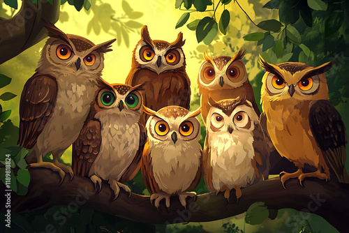 A group of seven colorful cartoon owls perched on a branch in a lush, green forest setting. photo