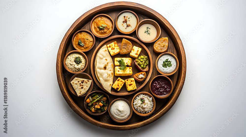 Traditional Indian thali platter featuring paneer curry, naan, and small portions of side dishes on a white background Traditional Indian thali platter featuring paneer curry, naan, and small portions of side dishes on a white background