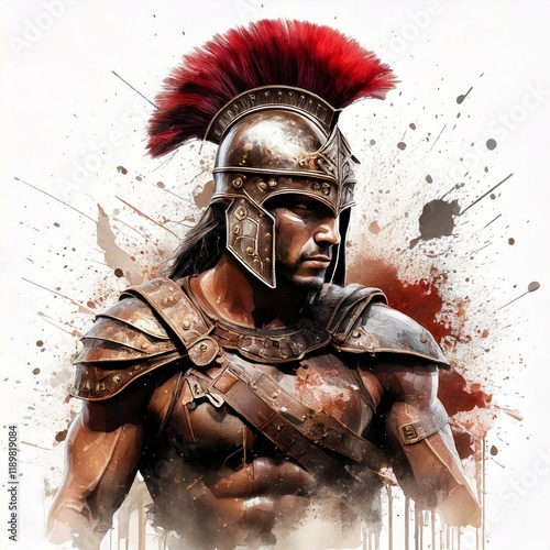 Watercolor Roman warrior illustration with ink splashes, ideal for apparel printing