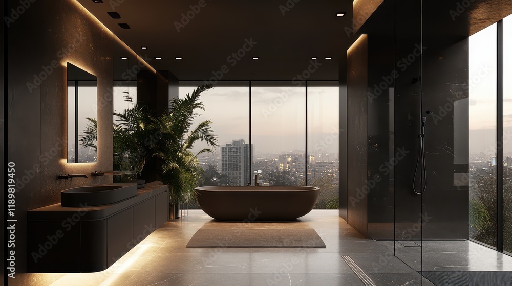 Fototapeta premium A stylish hotel bathroom featuring a sleek sink, elegant tub, modern shower, and a panoramic window.