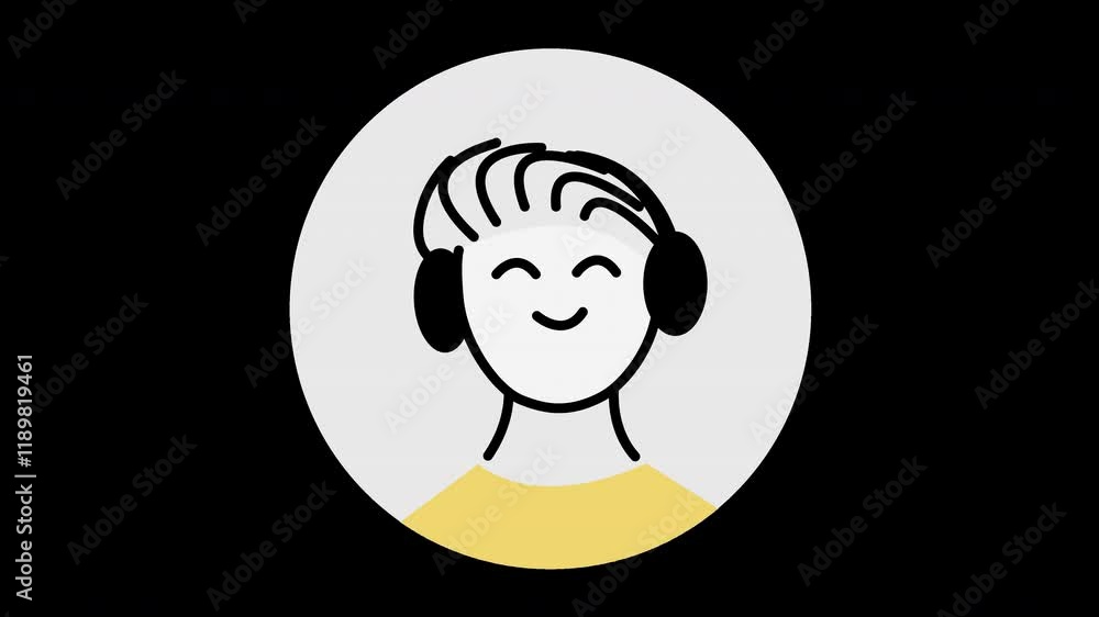 A smiling character wearing headphones, representing a cheerful vibe in a simplistic animation style. A smiling character wearing headphones, representing a cheerful vibe in a simplistic animation style.