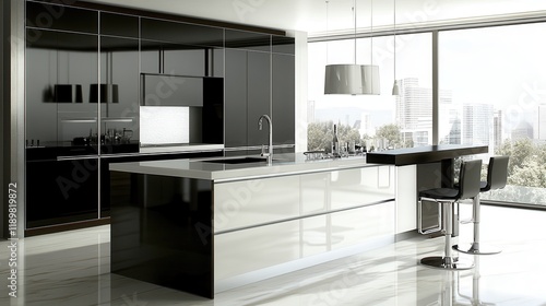 A stylish kitchen featuring a sleek bar island and a modern cabinet, with a large window providing natural light. photo