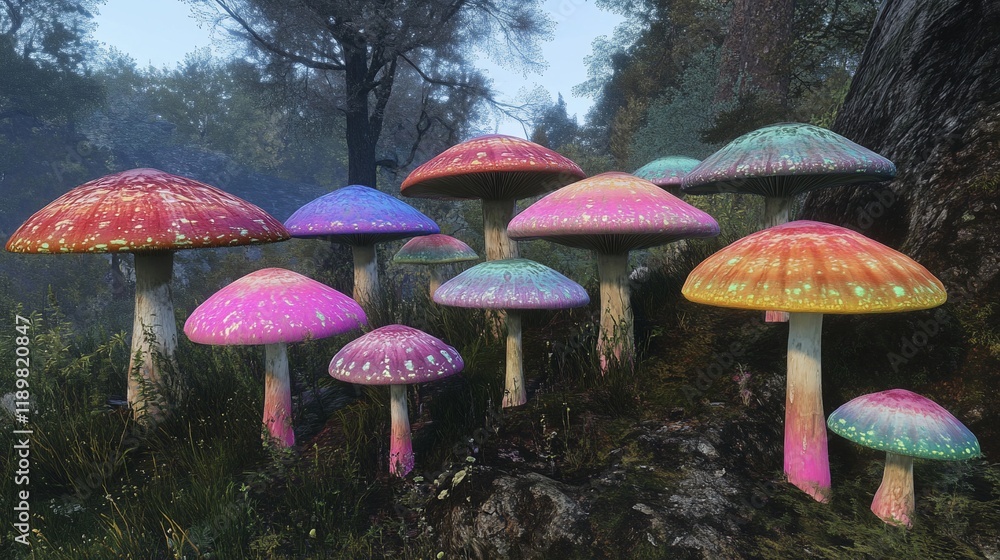 Fototapeta premium Enchanted Rainbow Mushrooms in a Mystical Forest