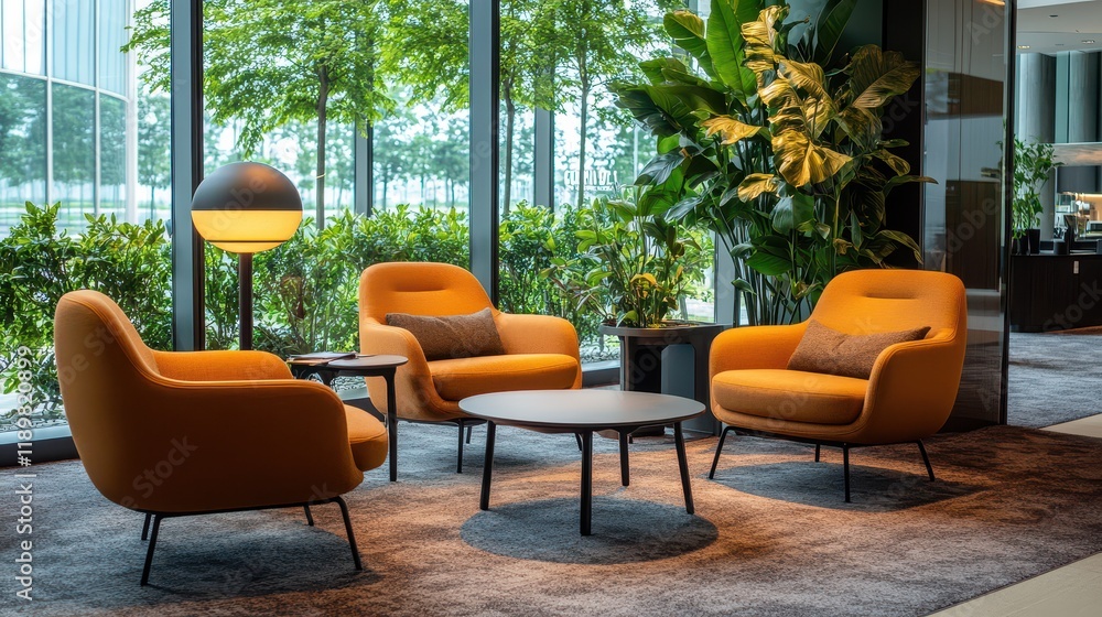 Fototapeta premium A stylish lobby interior featuring a row of comfortable armchairs and a coffee table, complemented by a large window and a mock-up wall.