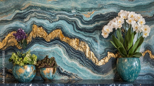 Serene Teal and Gold Marble with Orchids and Flowers in Decorative Bowls