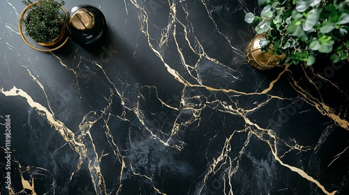 Elegant Black and Gold Marble Texture with Plants