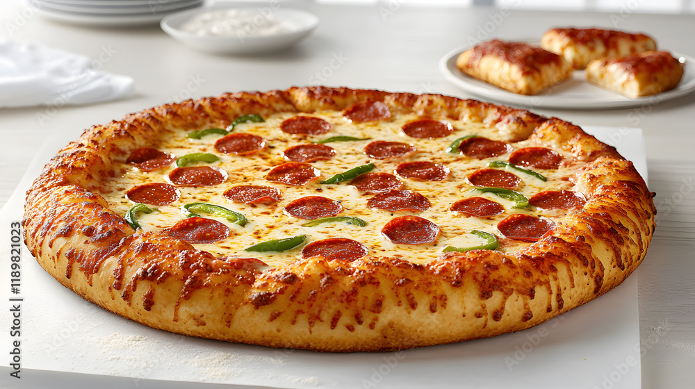 A delicious pepperoni and jalapeño pizza with a golden-brown crust. Served on a white surface with additional pizza slices visible in the background. A delicious pepperoni and jalapeño pizza with a golden-brown crust. Served on a white surface with additional pizza slices visible in the background.
