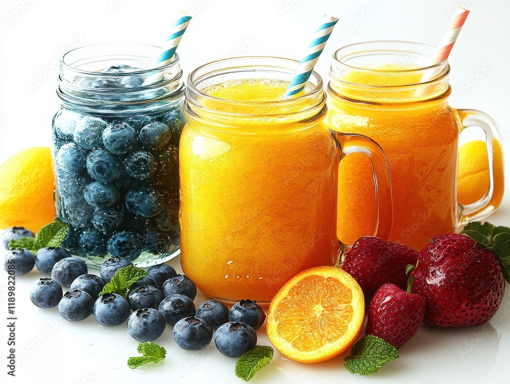Colorful fruit drinks in jars with fresh fruits and mint leaves. Colorful fruit drinks in jars with fresh fruits and mint leaves.