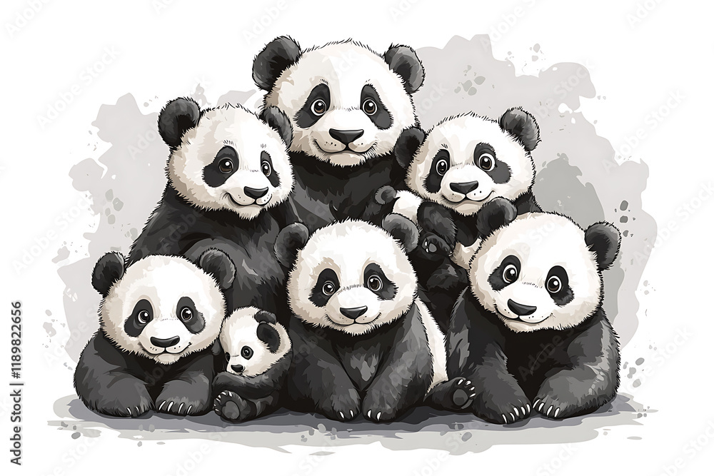 Obraz premium A charming illustration of a group of playful pandas gathered together.