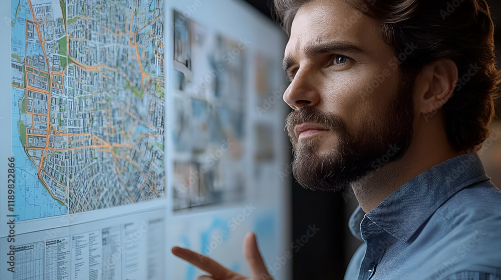 Focused Man Analyzing a Detailed City Map for Urban Planning Project Focused Man Analyzing a Detailed City Map for Urban Planning Project