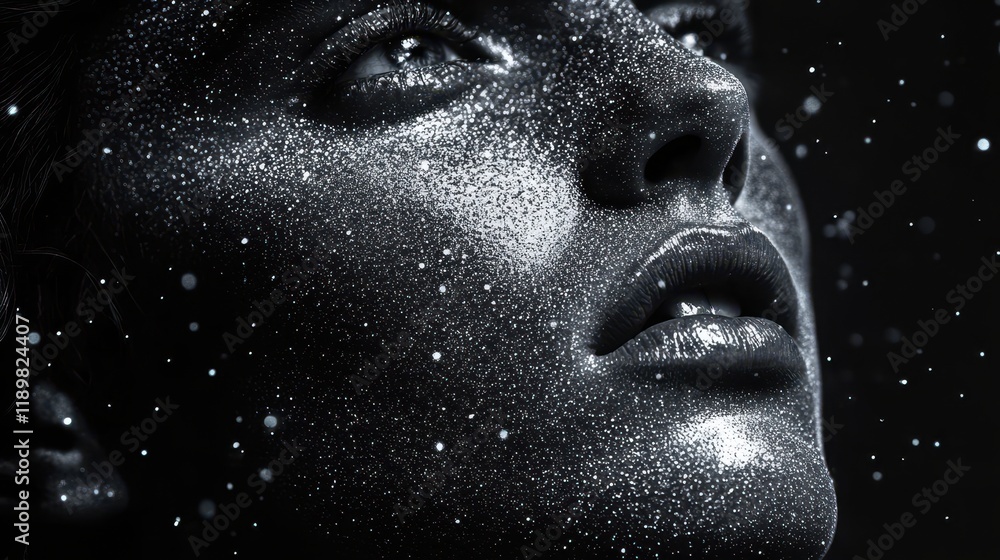 A Captivating Black and White Portrait of a Face Adorned with Sparkling Particles and Soft Shimmering Light Creating an Ethereal and Dreamlike Atmosphere A Captivating Black and White Portrait of a Face Adorned with Sparkling Particles and Soft Shimmering Light Creating an Ethereal and Dreamlike Atmosphere