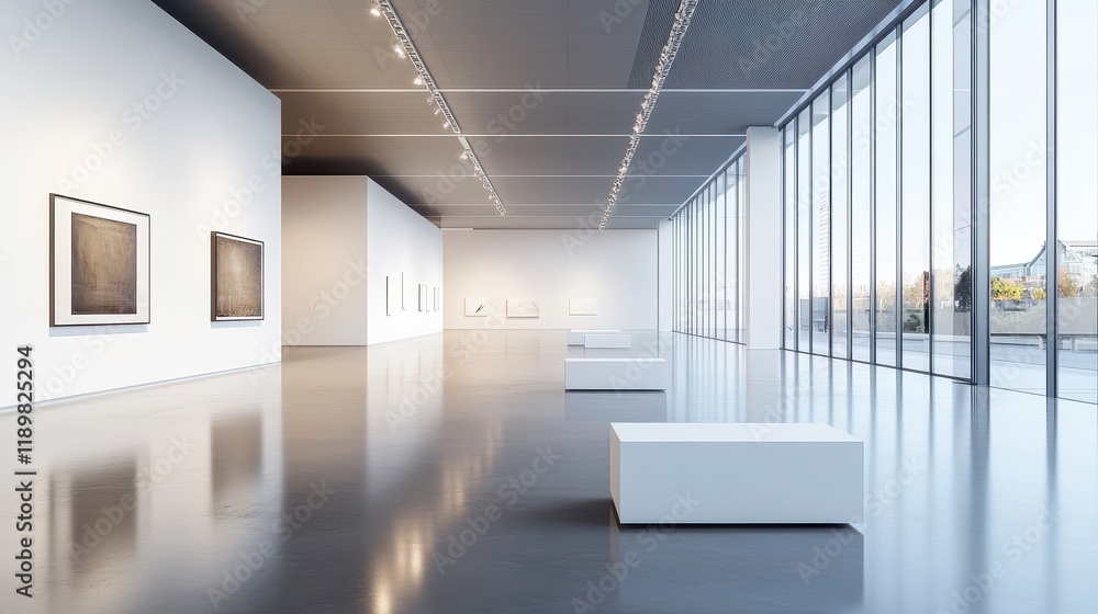 Fototapeta premium A vast gallery interior with an open layout, featuring large white boxes placed on a concrete floor, emphasizing minimalistic design and an expansive, uncluttered space.