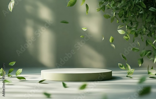 Minimalist Green Podium Platform with Floating Leaves for Cosmetic Display Nature Inspired photo