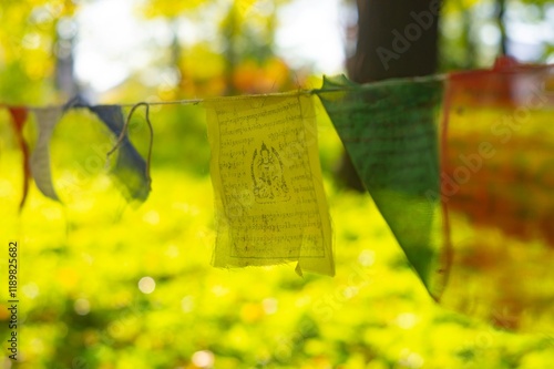 Colorful prayer flags hang in an outdoor setting, creating a cascade effect against a natural backdrop Each flag features cultural designs and text, symbolizing peacefulness and spiritual significan