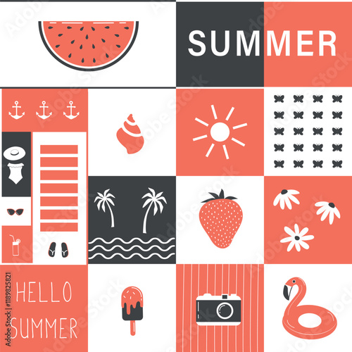 Summer Square Pattern. Seamless Geometric Checkered Print with Summer Elements. Beach Accessories, Sun, Watermelon, Ice-cream, Swimming Ring, Strawberry, Camera, Palm. Vector in Orange, Black, White