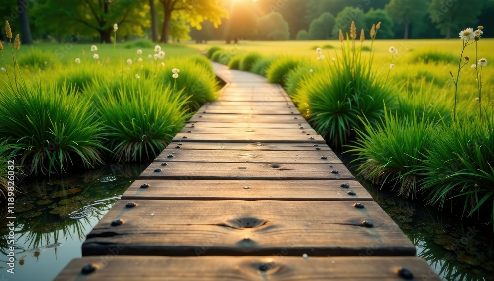 Fototapeta premium Wooden planks of a bridge crossing over a small stream in a meadow, stream, wooden