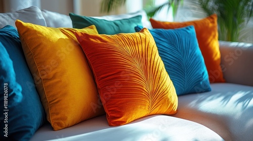 Colorful throw pillows on a white couch. photo