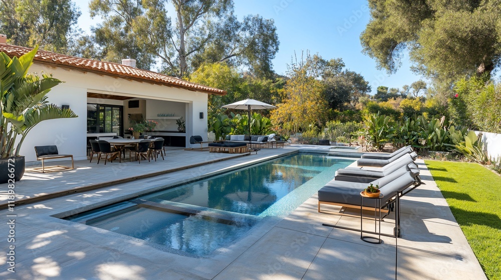 Fototapeta premium Luxury Backyard Oasis: Modern Pool, Patio, and Outdoor Kitchen