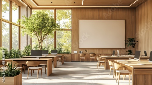 A warm wooden-themed coworking space featuring natural wood finishes, cozy seating areas, and large windows that flood the space with natural light. photo