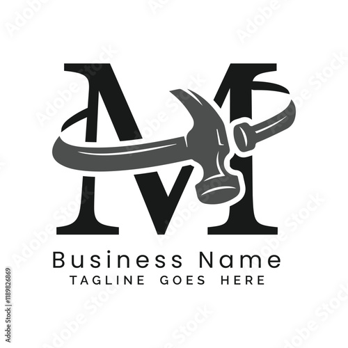 M Letter logo construction vector for woodworking company. Alphabet M hammer template illustration