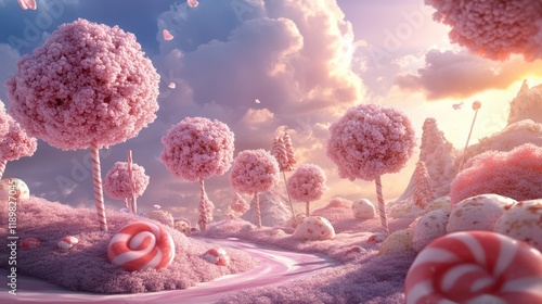 A whimsical candy landscape featuring towering pink lollipop trees and mounds shaped like various candies under a dreamy, cloudy sky. photo