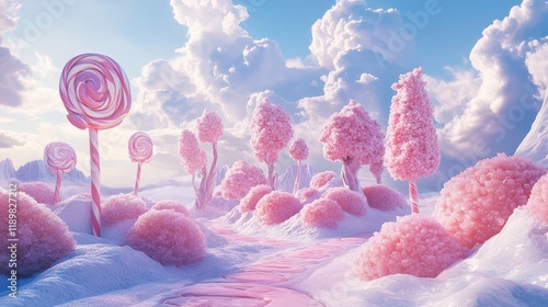 A whimsical candy landscape featuring towering pink lollipop trees and mounds shaped like various candies under a dreamy, cloudy sky. photo