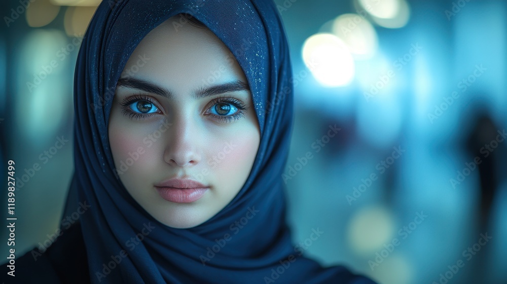 A portrait of a woman wearing a hijab, showcasing her expressive eyes. A portrait of a woman wearing a hijab, showcasing her expressive eyes.