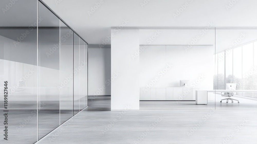 A white and glass open space office features a minimalist design with expansive, transparent surfaces and a blank wall, providing a clean and versatile backdrop. A white and glass open space office features a minimalist design with expansive, transparent surfaces and a blank wall, providing a clean and versatile backdrop.