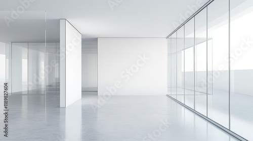 A white and glass open space office features a minimalist design with expansive, transparent surfaces and a blank wall, providing a clean and versatile backdrop. photo