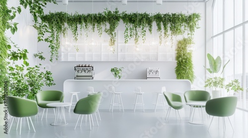 A white and green cafe interior featuring a sleek bar counter. photo