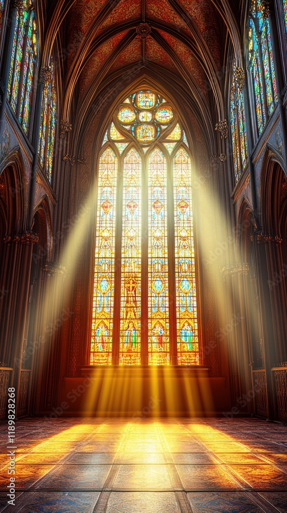 Obraz premium Sunlight streams through Gothic church stained glass