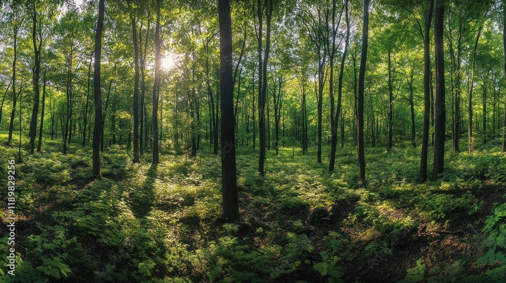 Fototapeta premium Sunlit forest panorama; lush green undergrowth, dappled sunlight, tranquil nature scene, ideal for environmental themes