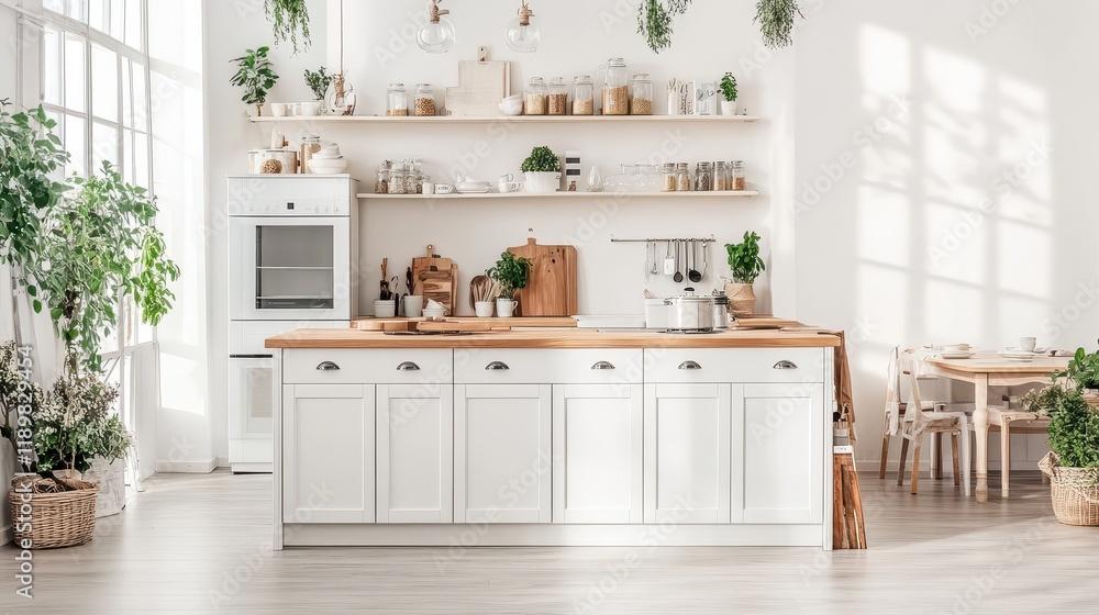 Fototapeta premium A white and wooden kitchen interior featuring a central island.