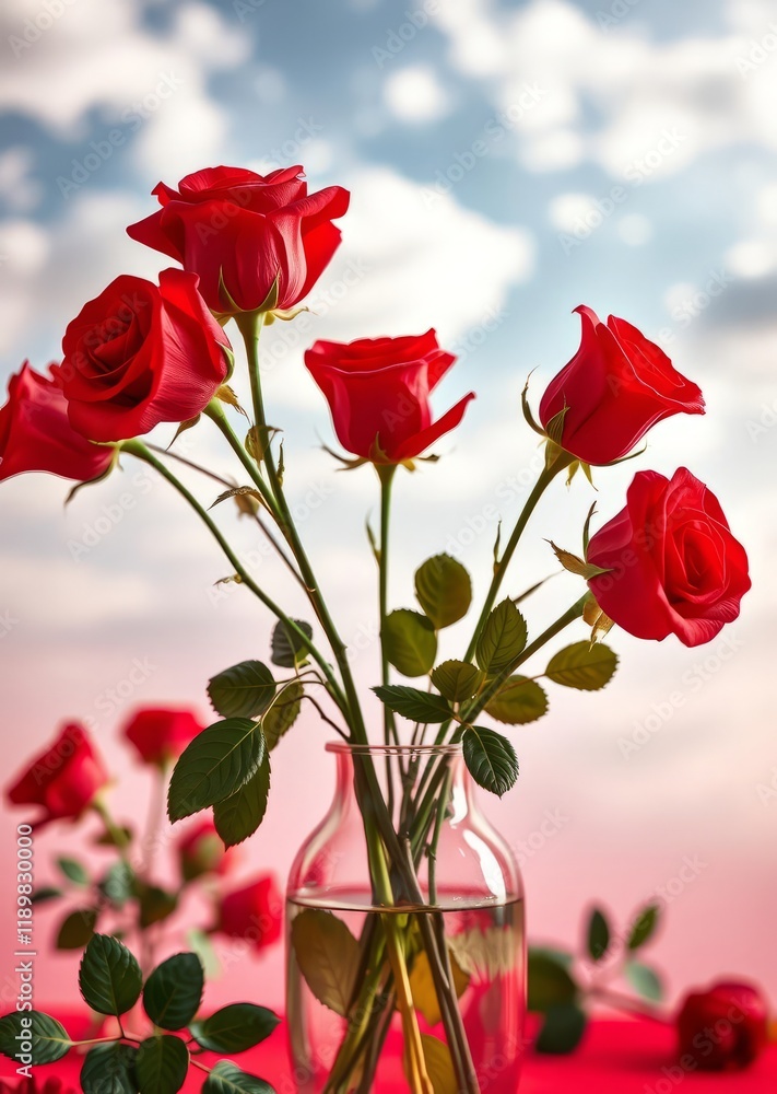 Red roses in glass vase on red background valentines love heart valentine vector romantic day holiday Red roses in glass vase on red background valentines love heart valentine vector romantic day holiday