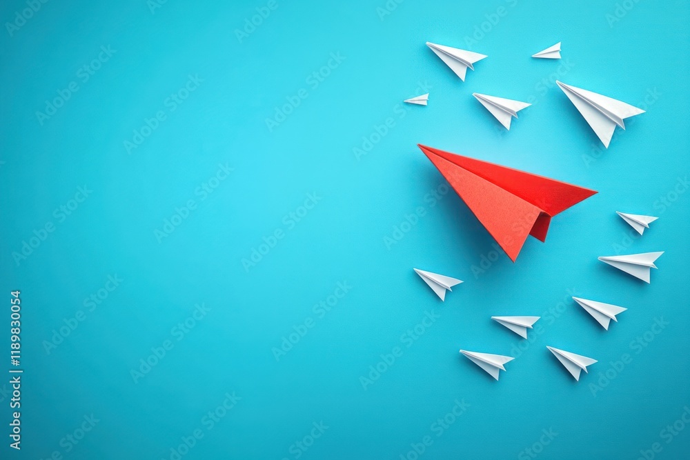 Red Paper Airplane Against White Paper Planes on Blue Background for Business Innovation Concept Red Paper Airplane Against White Paper Planes on Blue Background for Business Innovation Concept