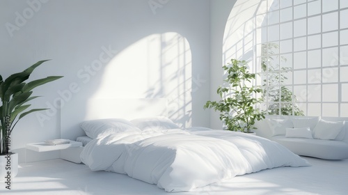 A white home bedroom interior featuring a bed and a lounge zone, with a window providing natural light. photo