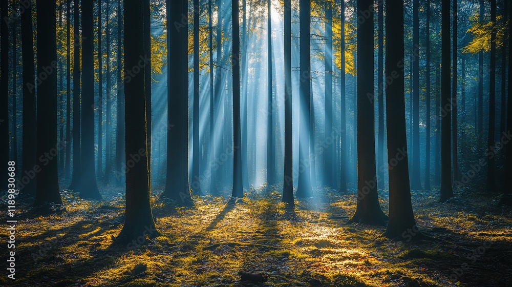 Naklejka premium Sunbeams Through Misty Forest