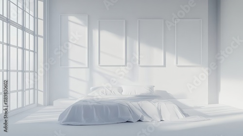 A white home bedroom interior featuring a bed and a lounge zone, with a window providing natural light. photo