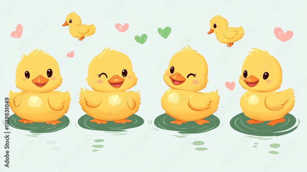 Set of yellow duckling isolated on white background. Set of yellow duckling isolated on white background.