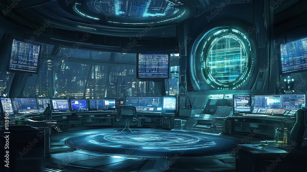 Futuristic Control Room: Night City View Futuristic Control Room: Night City View