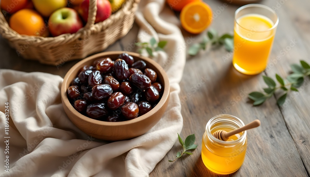 Minimalist table setting featuring a wooden bowl of dates, a fruit basket, and a glass of orange juice on a clean surface, accented with 1-2 green leaves, creating a fresh and elegant composition. Minimalist table setting featuring a wooden bowl of dates, a fruit basket, and a glass of orange juice on a clean surface, accented with 1-2 green leaves, creating a fresh and elegant composition.