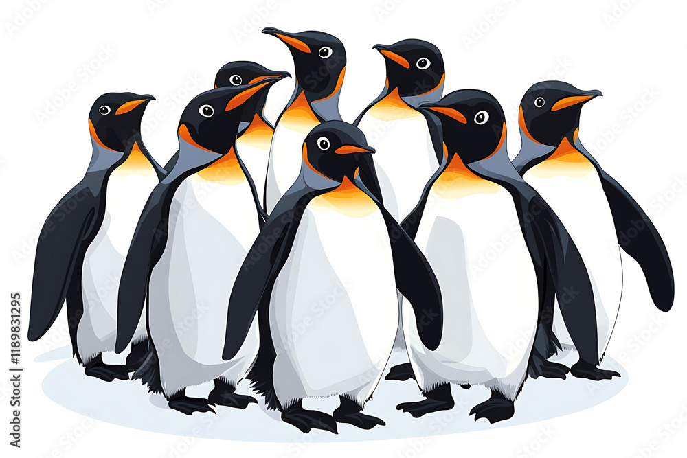 Fototapeta premium A group of cartoon penguins standing together in a friendly pose.
